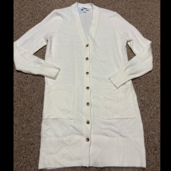 ANN TAYLOR WEEKEND COLLECTION WINTER WHITE BRUSHED LONG V NECK CARDIGAN SWEATER - Picture 7 of 7